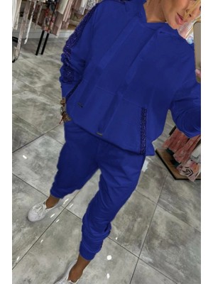 Arben Boutique Kadın Uzun Kollu Kapşonlu Pulpayet Detay Viskon Iki Iplik Bluz ve Pantolon Ikili Takım