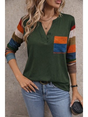 Bosel Kadın Uzun Kollu V Yakalı Cepli Çok Renkli Viskon Bluz