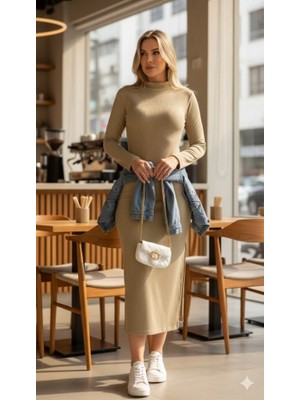 Cottonlab Kadın Uzun Kollu Balıkçı Yakalı Yanlardan Yırtmaçlı Kaşkorse Maxi Elbise