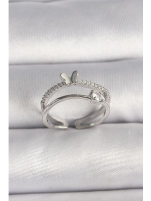 Marsilyan Pirinç Gümüş Renk Zirkon Taşlı Kelebek Figürlü Ayarlanabilir Yüzük