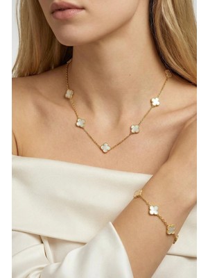 Rays Beyaz Küçük Yonca Figürlü Kolye Bileklik Seti Gold 0134