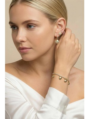 Rays Deniz Kabuğu Küpe Bileklik Seti Gold 0135