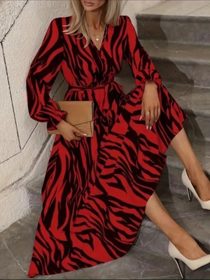 Dua Giyim Kadın Uzun Kollu Kruvaze Yakalı Kuşaklı Zebra Desenli Süprem Maxi Elbise