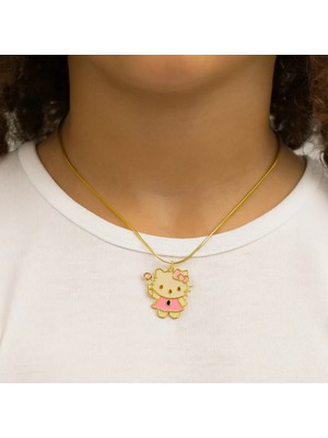 MiraveLux 925 Ayar Gümüş Zincirli Hello Kitty Figürlü Pembe Mine Detaylı Altın Kaplama Kolye