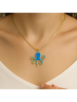 MiraveLux 925 Ayar Gümüş Zincirli Kolye – Ahtapot Figürlü, Mavi Mine ve Altın Kaplama Detaylı