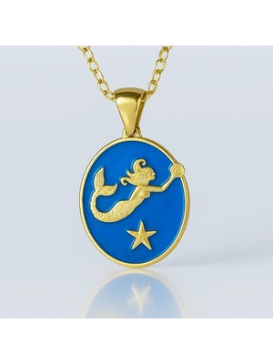 MiraveLux 925 Ayar Gümüş Zincirli Deniz Kızı Figürlü Mavi Mine Detaylı Altın Kaplama Kadın Kolye