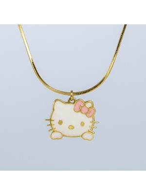 MiraveLux 925 Ayar Gümüş Zincirli Hello Kitty Figürlü Beyaz ve Pembe Mine Detaylı Altın Kaplama Kolye
