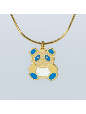 MiraveLux 925 Ayar Gümüş Zincirli Panda Figürlü Mavi ve Beyaz Mine Detaylı Altın Kaplama Kolye