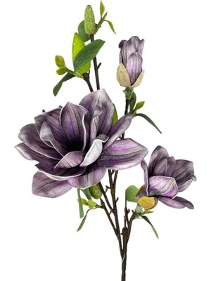 Nettenevime Yapay Çiçek Eva Koyu Mor Manolya 3 Çiçekli Uzun Dal 90CM Gerçeksi Doku