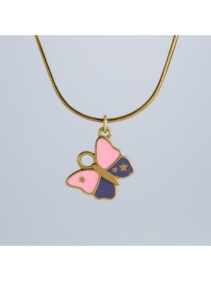 MiraveLux 925 Ayar Gümüş Zincirli Kolye – Altın Kaplama Kelebek Figürlü, Mor ve Pembe Mine Detaylı Tasarım