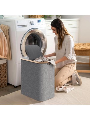 Hepta Collection Çift Bölmeli Çamaşır Sepeti, 100L Kapasiteli, Bambu Kenarlı, Su Geçirmez Kumaş, Gri