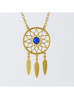 MiraveLux 925 Ayar Gümüş Zincirli Dreamcatcher Figürlü Mavi Taş Detaylı Altın Kaplama Kadın Kolye