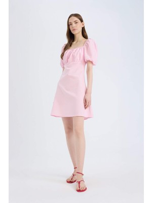 DeFacto Kare Yaka Keten Karışımlı Kısa Kollu Mini Elbise D8272AX25SM