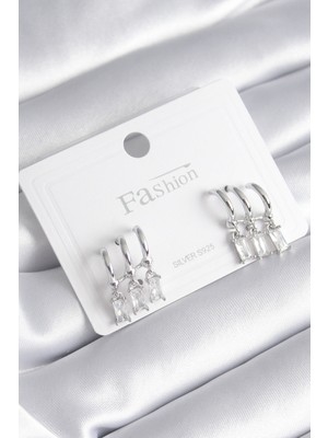 Marsilyan Pirinç Gümüş Renk 3'lü Sallantı Zirkon Taşlı Küpe