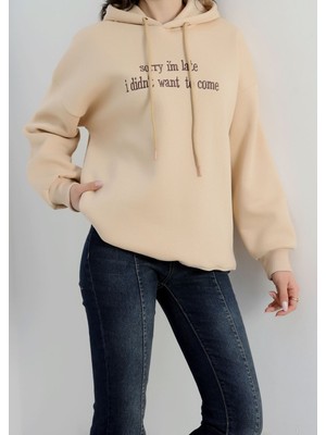 f.kereci 3 Iplik Kapşonlu Nakışlı Sweatshirt – Bej Kahve