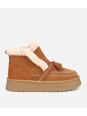 Hotiç 01BOH316860A370 KADIN Süet Deri Taba Içi Kürklü Püskül Detaylı Düz Bot