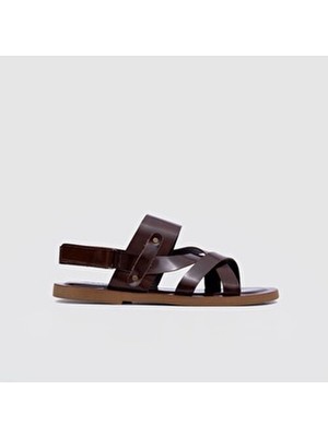 Togo Erkek Düz Sandalet Hakiki Deri Kahverengi Toka Tasarımlı Rahat Ayakkabı