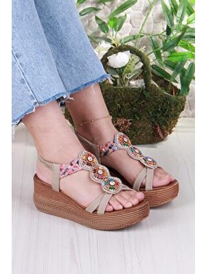 Kadın Fort 5015 Fendi Dolgu Taban Sandelet Taşlı Boncuklu Tasarım Poliüretan Malzeme ile Şık