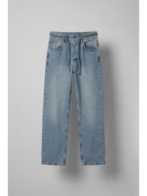 Abluka Online Erkek Erkek Baggy Fit Beli Bağcıklı Jean Pantolon Mavi