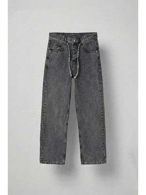 Abluka Online Erkek Erkek Baggy Fit Beli Bağcıklı Jean Pantolon Gri