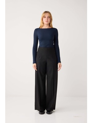 Jimmy Key Siyah Bol Paça Yüksek Bel Dokuma Rahat Kesim Pantolon