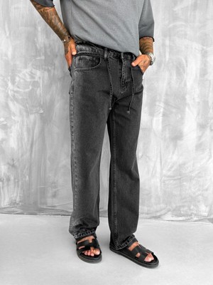 Abluka Online Erkek Kemer Detaylı Yıkamalı Baggy Fit Pantolon Siyah