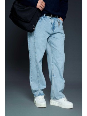 Abluka Online Erkek Baggy Fit Dikiş Detaylı Jean Pantolon Açık Mavi