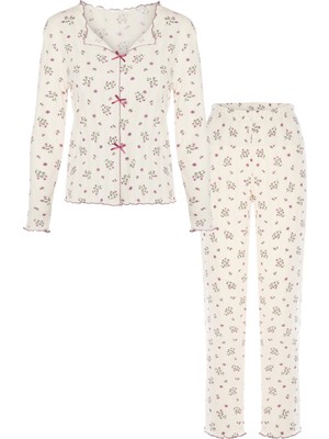 Koza İç Giyim Sevgililer Günü Temalı Kadın Pamuklu Çıtır Çiçek Desenli Baby Overloklu Fiyonk Detaylı Uzun Kollu Pijama Takımı