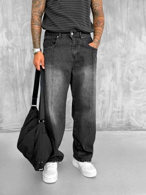 Abluka Online Erkek Ön Dikiş Detaylı Vintage Baggy Jean Siyah