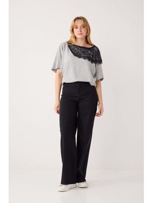 Jimmy Key Siyah Normal Bel Ispanyol Paça Dokuma Uzun Pantolon