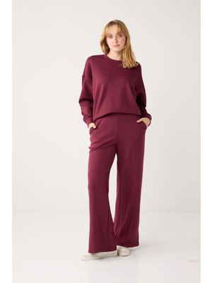 Jimmy Key Bordo Yüksek Bel Bol Paça Cep Detaylı Örme Pantolon