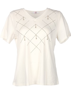 Daido Vedi-Bb Minimalist V Yaka Taş Detaylı Kadın T-Shirt - Kısa Kol