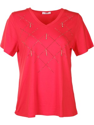 Daido Vedi-Bb Minimalist V Yaka Taş Detaylı Kadın T-Shirt - Kısa Kol