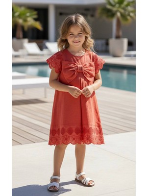 Kız Çocuk Nar Çiçeği  Pamuklu Keten Elbise