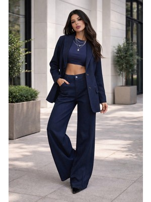 Polo State Kadın Lacivert Blazer Ceket ve Geniş Paça Pantolon Takım