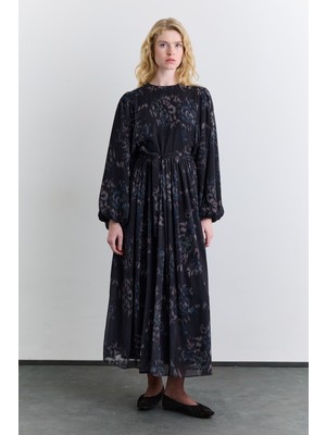 Manuka Geniş Kol Desenli Elbise Floral Brush