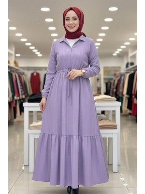 Tesettür Diyarı Belden Büzgülü Rahat Kalıp Tesettür Elbise-Lila