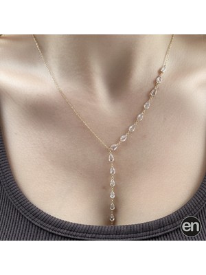 Gümüş Altın Kaplama Gözyaşı Taşlı Sallantılı Kolye 925ct