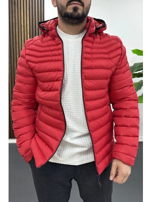 Edwox Erkek Slim Fit Kapüşonlu Şişme Mont Kırmızı EDW435