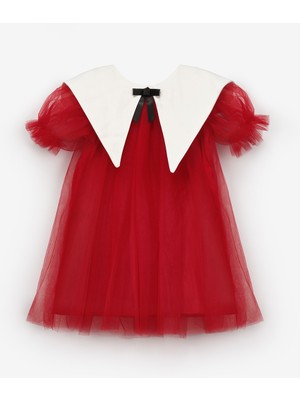 Kırmızı  Sivri Yakalı Kız Çocuk Tül Elbise - Nicole