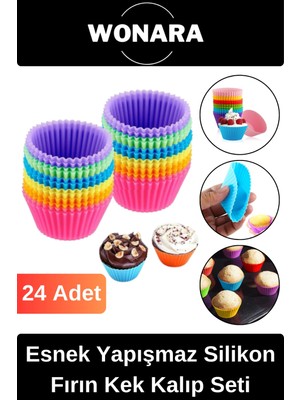 Wonara Premium Yüksek Isıya Dayanıklı Esnek Yapışmaz 24’lü Silikon Fırın Muffin Cupcake Kek Kalıp Seti