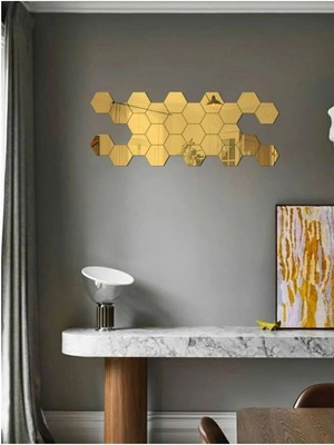 Wonara Modern Dekoratif Altıgen Yapışkanlı Gold Akrilik Ev Ofis Duvar Ayna Seti Altıgen Küçük Ayna 12 Adet