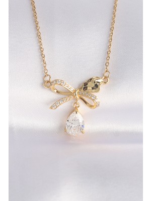 Marsilyan 316L Çelik Zincir Altın Renk Zirkon Taşlı Damla Detay Fiyonk Kolye