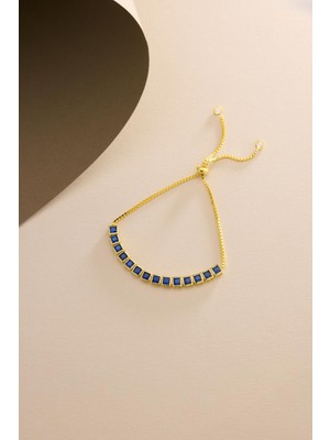 Nereze 925 Ayar Gümüş Gold Kaplama Ayarlanabilir Asansörlü  Sıralı Kare Mavi Taşlı Bileklik