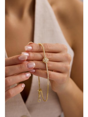 Nereze 925 Ayar Gümüş Gold Kaplama Ayarlanabilir Asansörlü Yonca Suyolu Bileklik