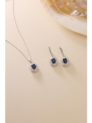 Nereze 925 Ayar Gümüş Set Rodyum Kaplama Baget Mavi Taşlı Kolye ve Küpe