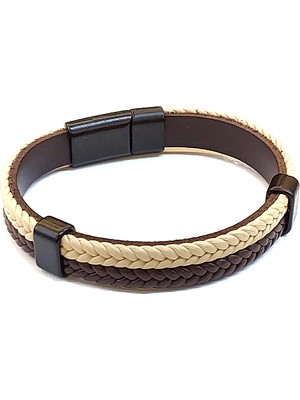 Herşey Nota Ivory Braid Core – Ekru & Kahverengi Örgü Detaylı Erkek Deri BILEKLIK-1421