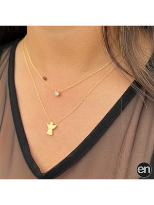 Gümüş Çift Zincir Tek Taş Melek Kolye