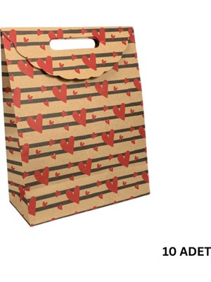 Roco Paper Co. Kraft El Geçme Çanta, Kalp Desenli Hediye & Parti ve Butik Alışveriş Kutusu,10 Adet, 25X38X12 cm