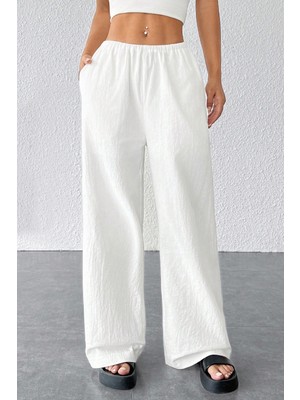 MiraLive Kadın Beyaz Bol Kesim Cepli Geniş Paça Dökümlü Pantolon